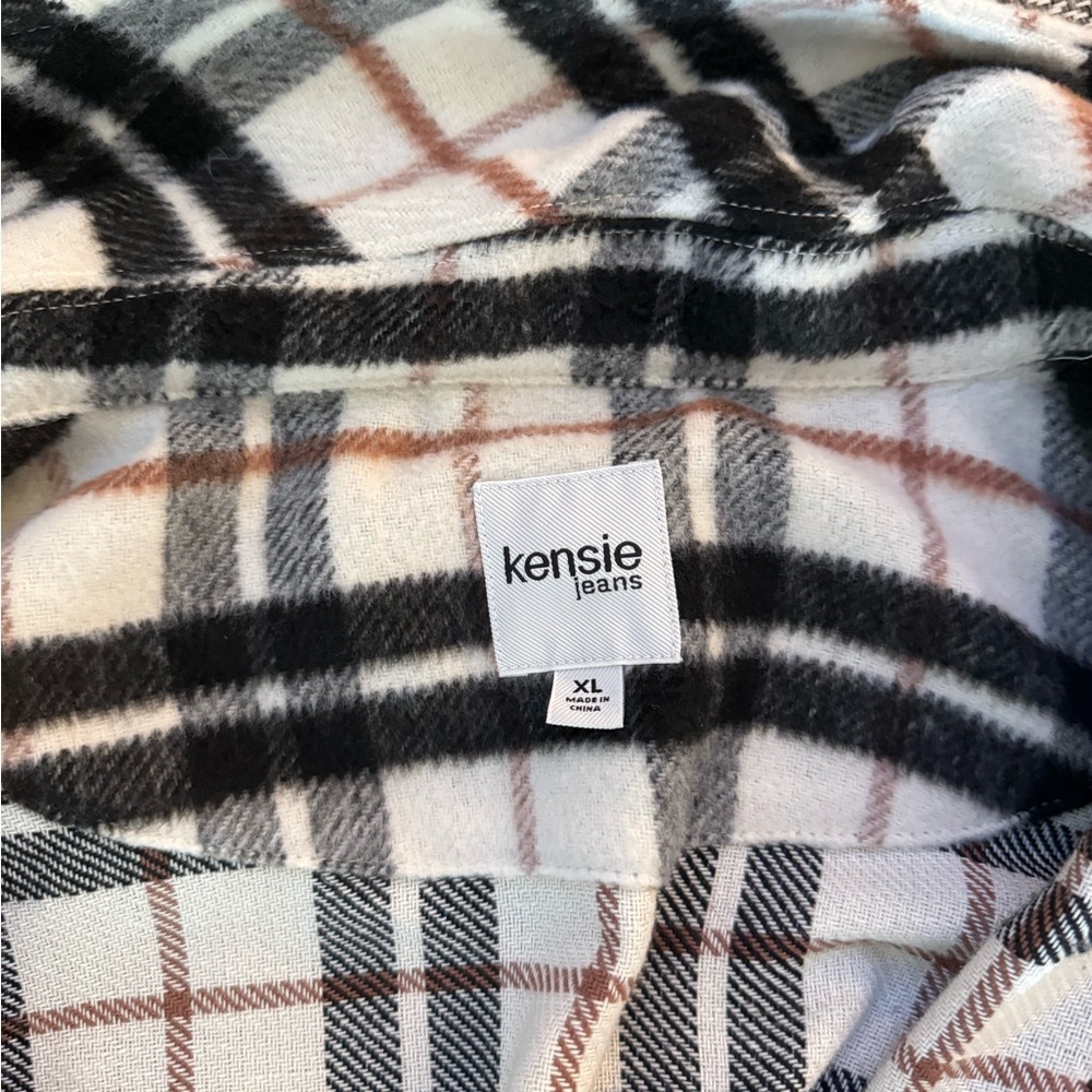 Kensie Jeans Plaid Shirt Jacket in White, Black & Brown